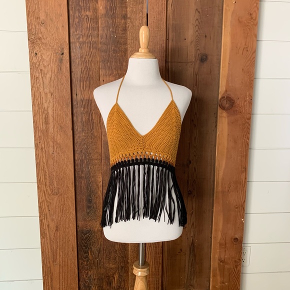 Fringed Crochet Crop Yellow Rust Black Size S 70s - Picture 2 of 5